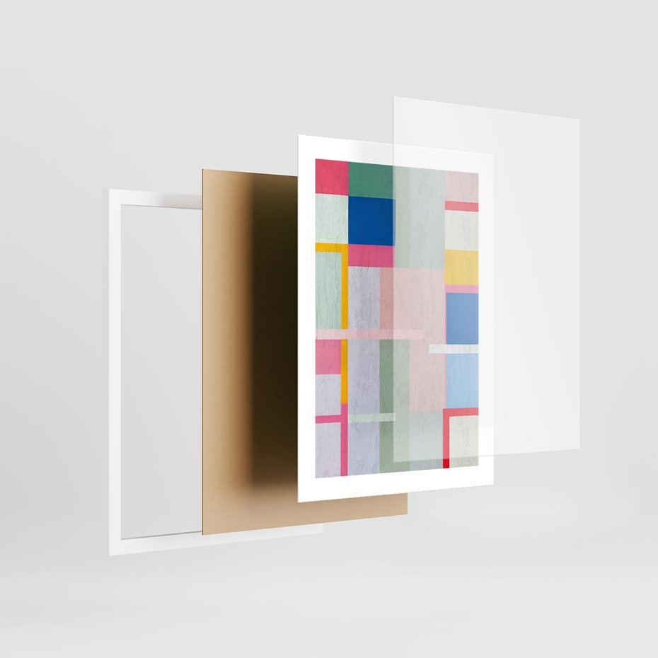 Plakat w ramie 30x40 - Rozbijające Granice Wyobraźni - abstrakcyjne geometryczne kształty, olejny obraz - rama biała