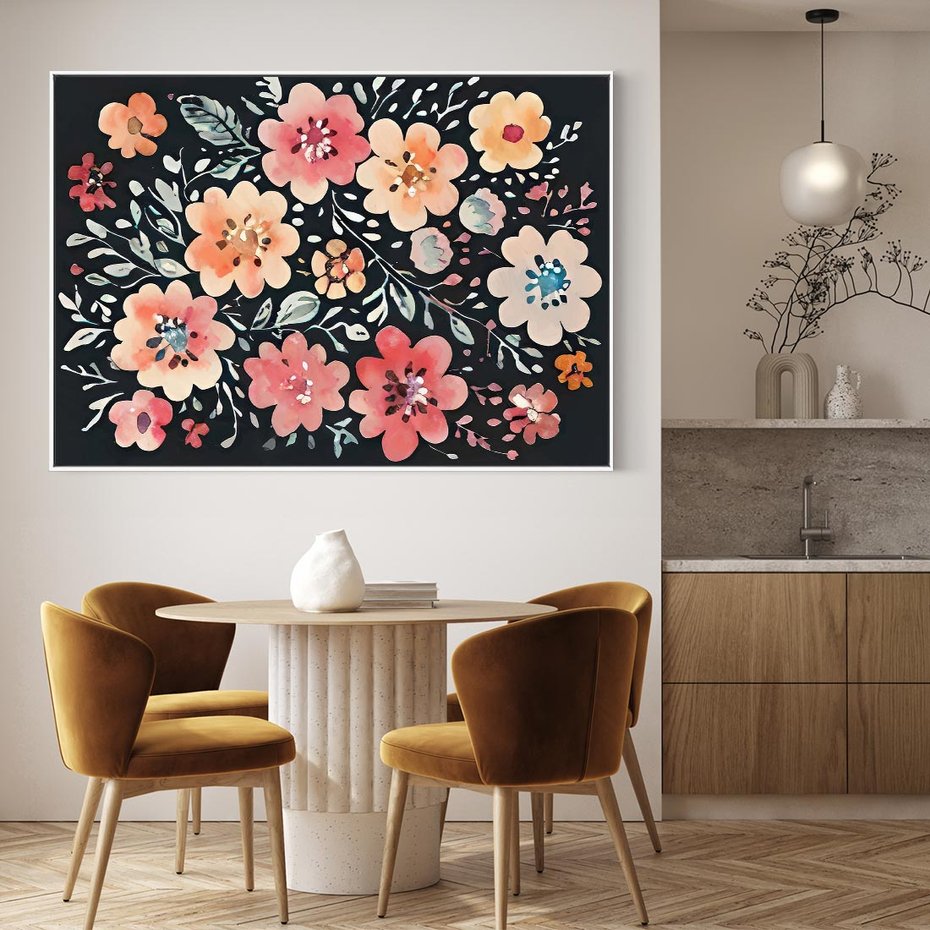 Obraz w ramie 120x80 - Labirynty melancholii - akwarelowe, pastelowe kwiaty na czarnym tle - rama biała