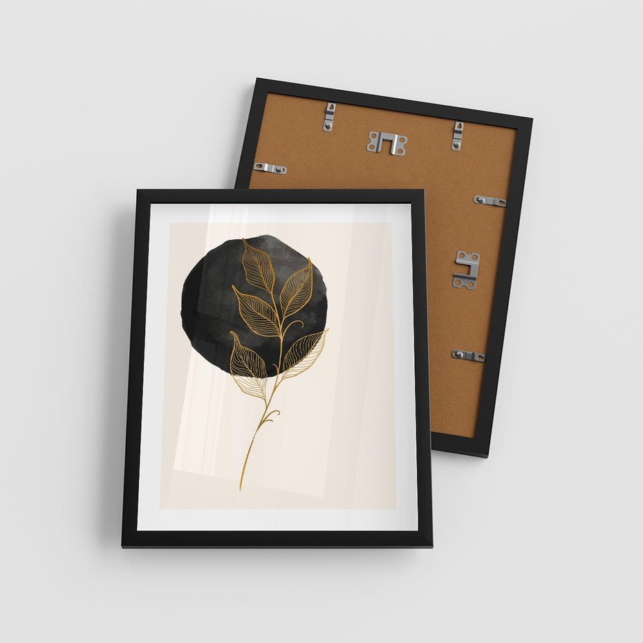 Plakat w ramie 40x50 - Złoty Liść na Czarnej Plamie - grafika, złoty liść - rama czarna
