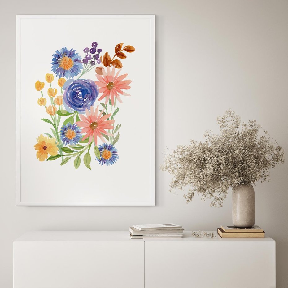 Plakat bez ramy 40x50 - Migocące Widoki Kwiatów - akwarelowe polne kwiaty, minimalistyczny plakat