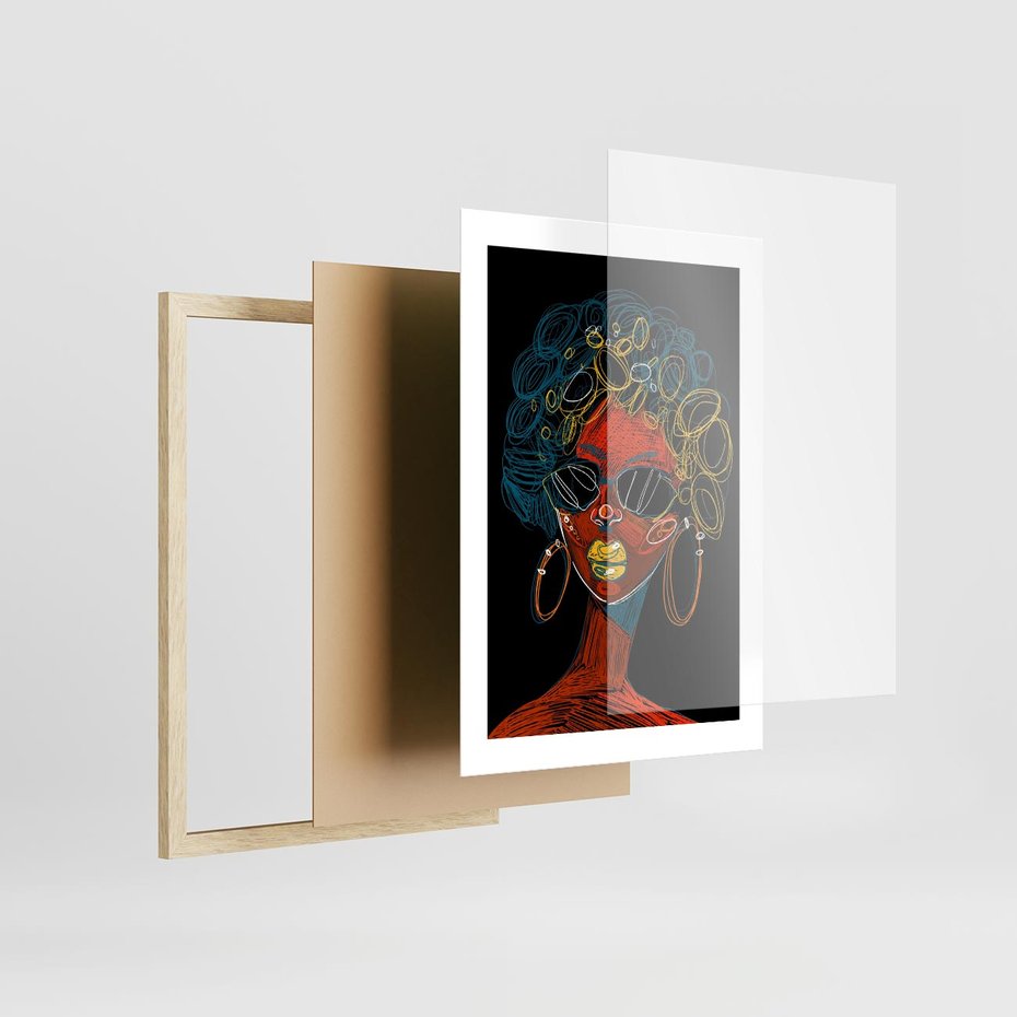 Plakat w ramie 30x40 - Kolorowe Wibracje Rzeczywistości - abstrakcyjny portret kobiety, twarz - rama drewno