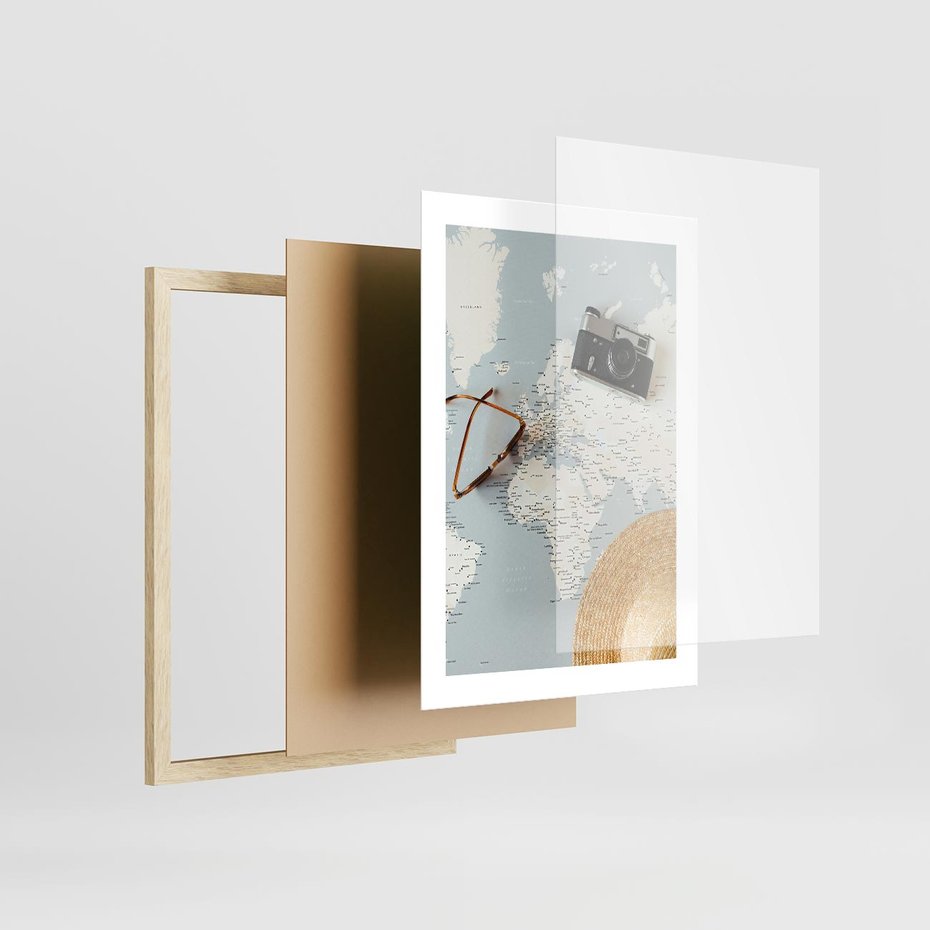 Plakat w ramie 30x40 - Świat w Kadrze - mapa, aparat - rama drewno