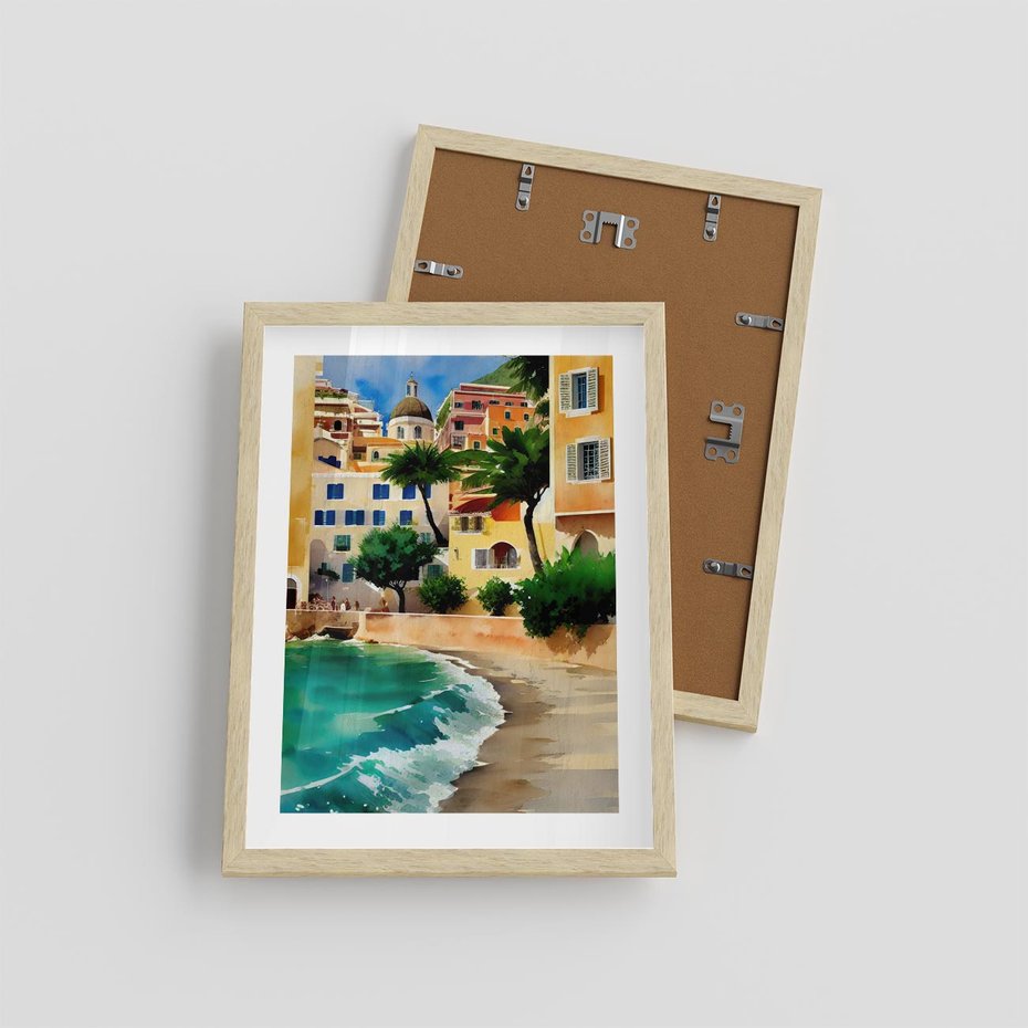 Plakat w ramie 30x40 - Zamieszkajmy Tu - akwarela, śródziemnomorski klimat - rama drewno
