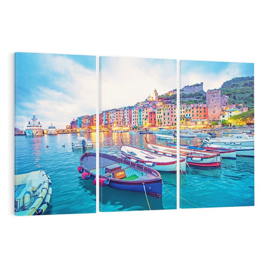 Obraz na płótnie 120x80 - Tańczące kolory zachodu - nadmorskie kolorowe miast, kolorowe budynki na brzegu