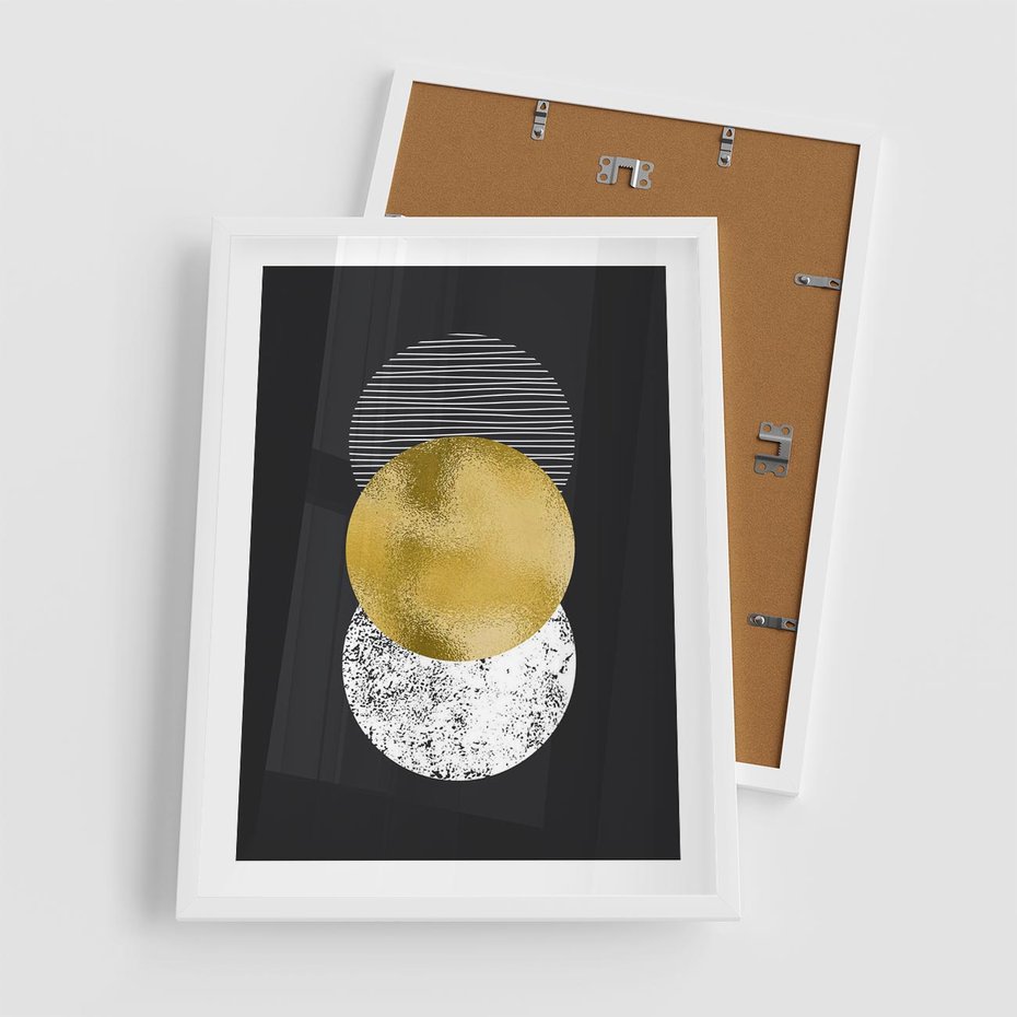 Plakat w ramie 50x70 - Geometryczna Perfekcja: Złote Koło - geometryczna grafika, złote koło - rama biała