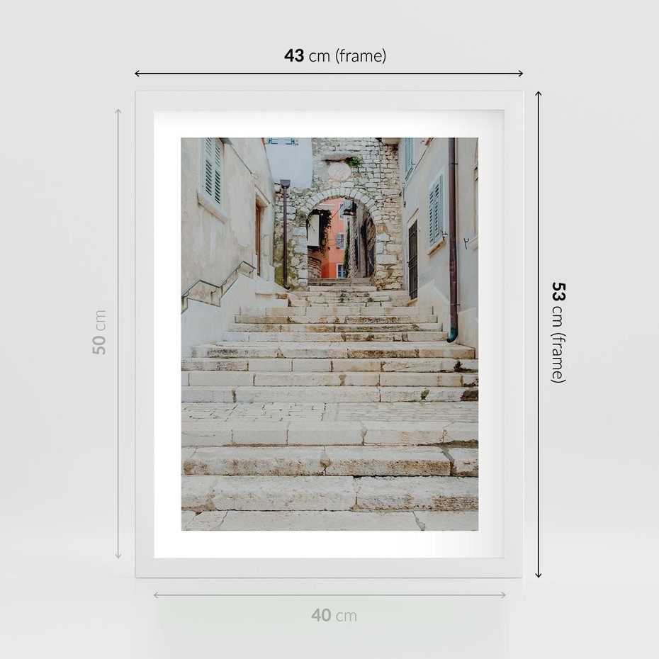 Plakat w ramie 40x50 - Schody we Włoskim Miasteczku - schody, śródziemnomorskie miasteczko - rama biała