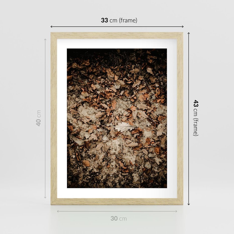 Plakat w ramie 30x40 - Suchość Liści w Brązowych Tonach - suche liście jesień brąz - rama drewno