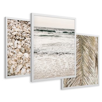 Zestaw obrazy w ramie 30x40 galeria - Plaża, boho, palmy, muszle, morze - rama biała