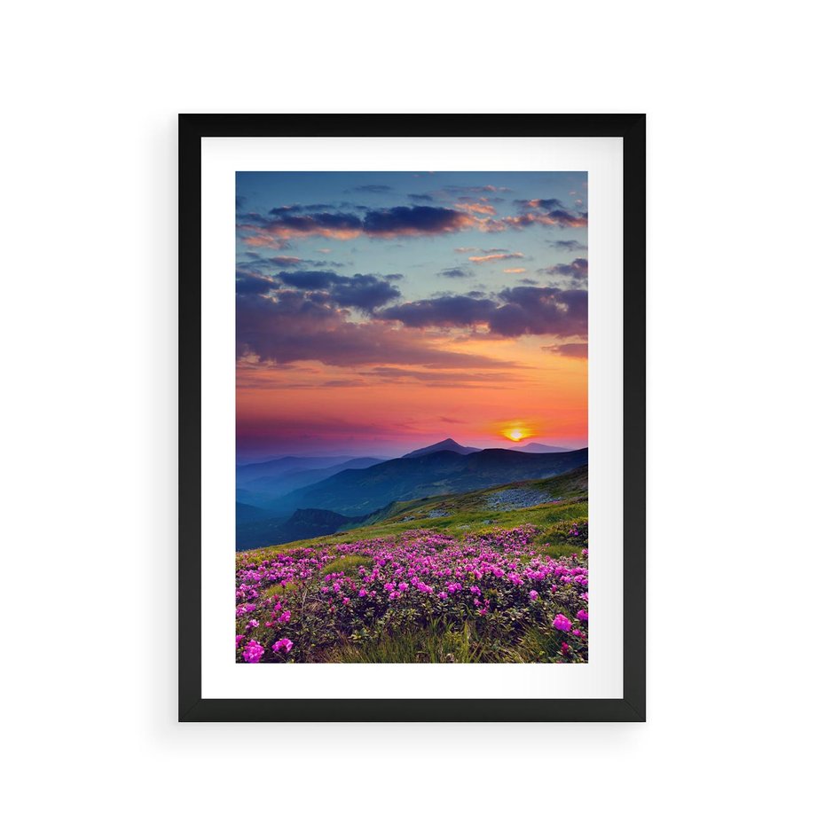 Plakat w ramie 30x40 - Górski Zachód - góry, łąka - rama czarna