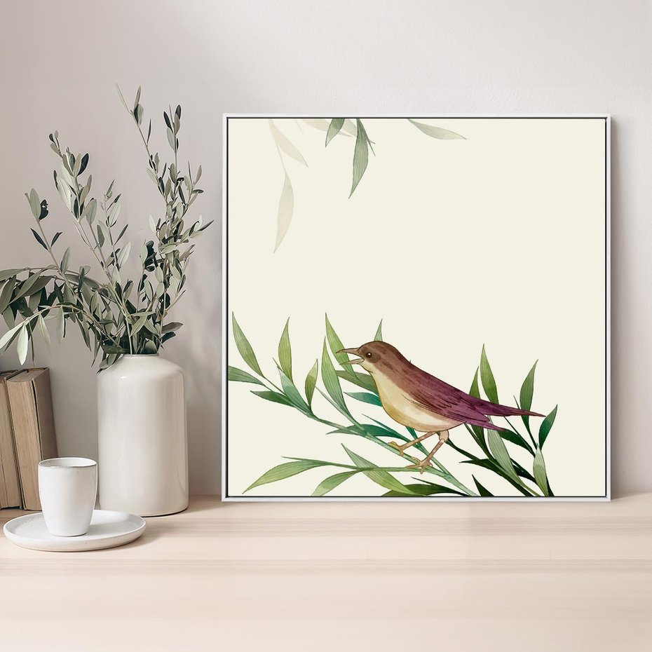 Obraz w ramie 80x80 - Roślinne Nastroje - japońska sztuka, ptak - rama biała