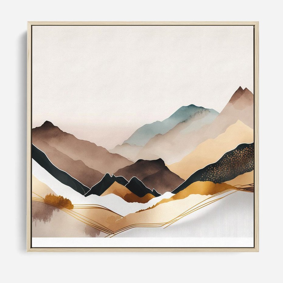 Obraz w ramie 80x80 - Góry Tonące w Pastelach - złote pastelowe góry, akwarela - rama drewno