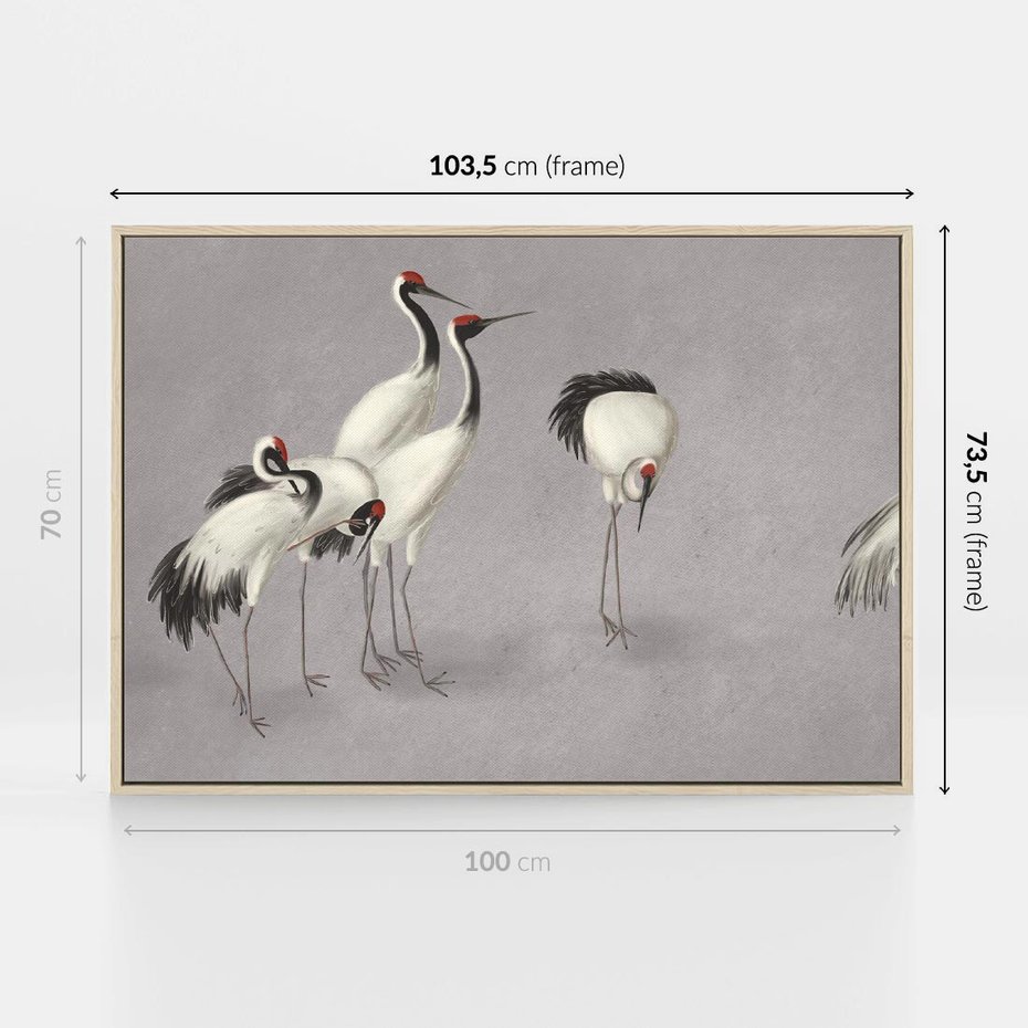 Obraz w ramie 100x70 - Spojrzenie wstecz w pędzlu - szkic rysunek, japońskie żurawie - rama drewno