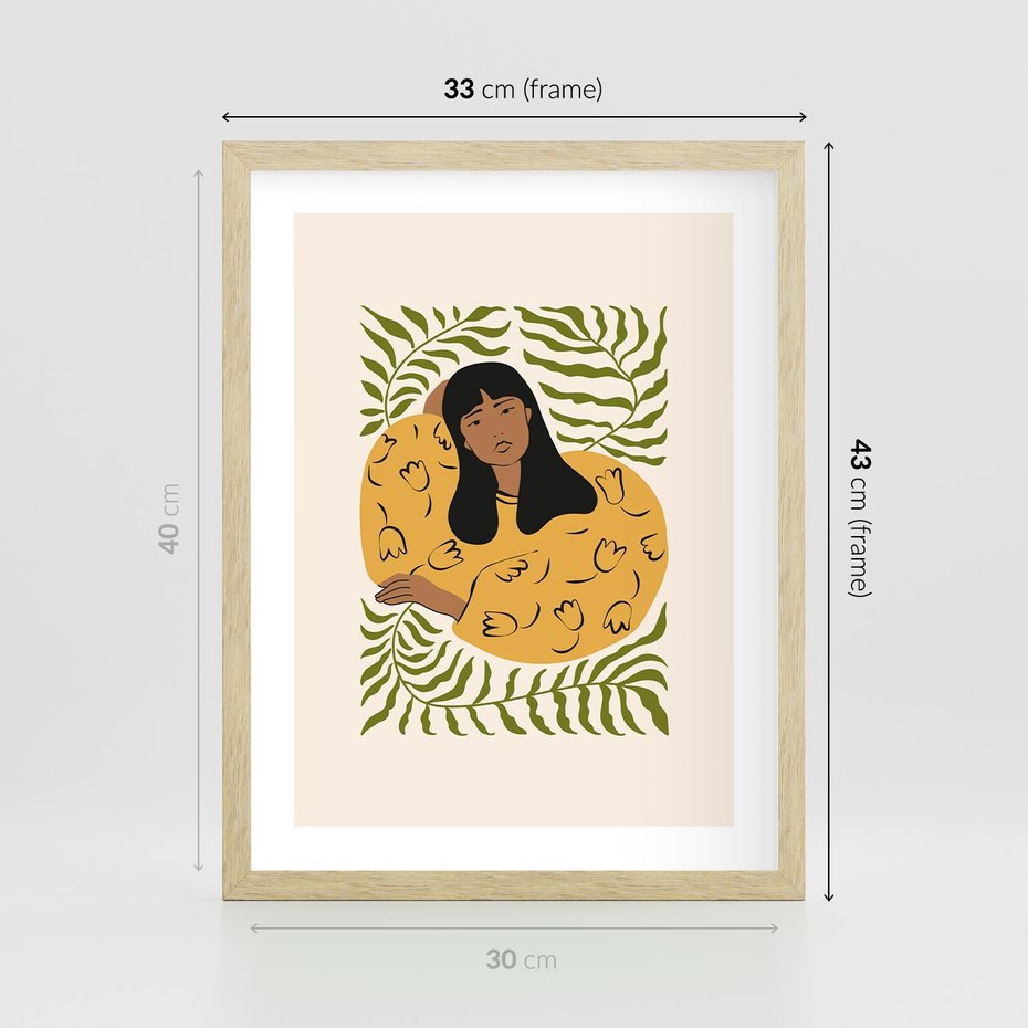 Plakat w ramie 30x40 - Malowane Odbicia Wyobraźni - nowoczesny plakat, kobieta otoczona liśćmi - rama drewno