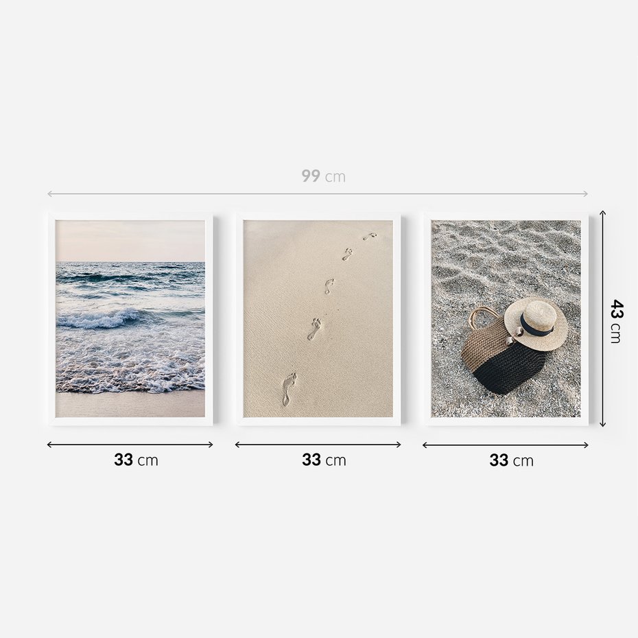 Zestaw obrazy w ramie 30x40 galeria - Plaża, piasek, ślady, kapelusz - rama biała