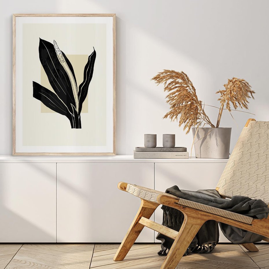 Plakat w ramie 50x70 - Harmonia liści - minimalistyczny obraz, szkic - rama drewno