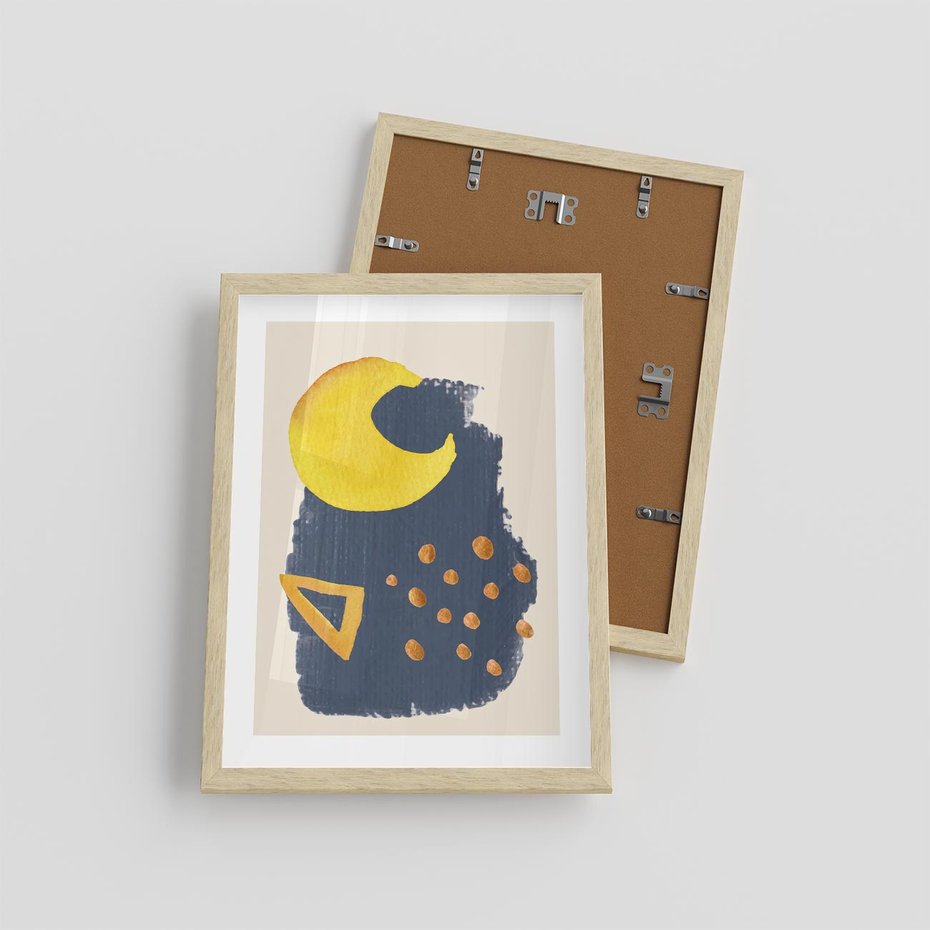 Plakat w ramie 30x40 - Migocące Nocne Barwy - abstrakcyjna akwarelowa plama, granatowa - rama drewno