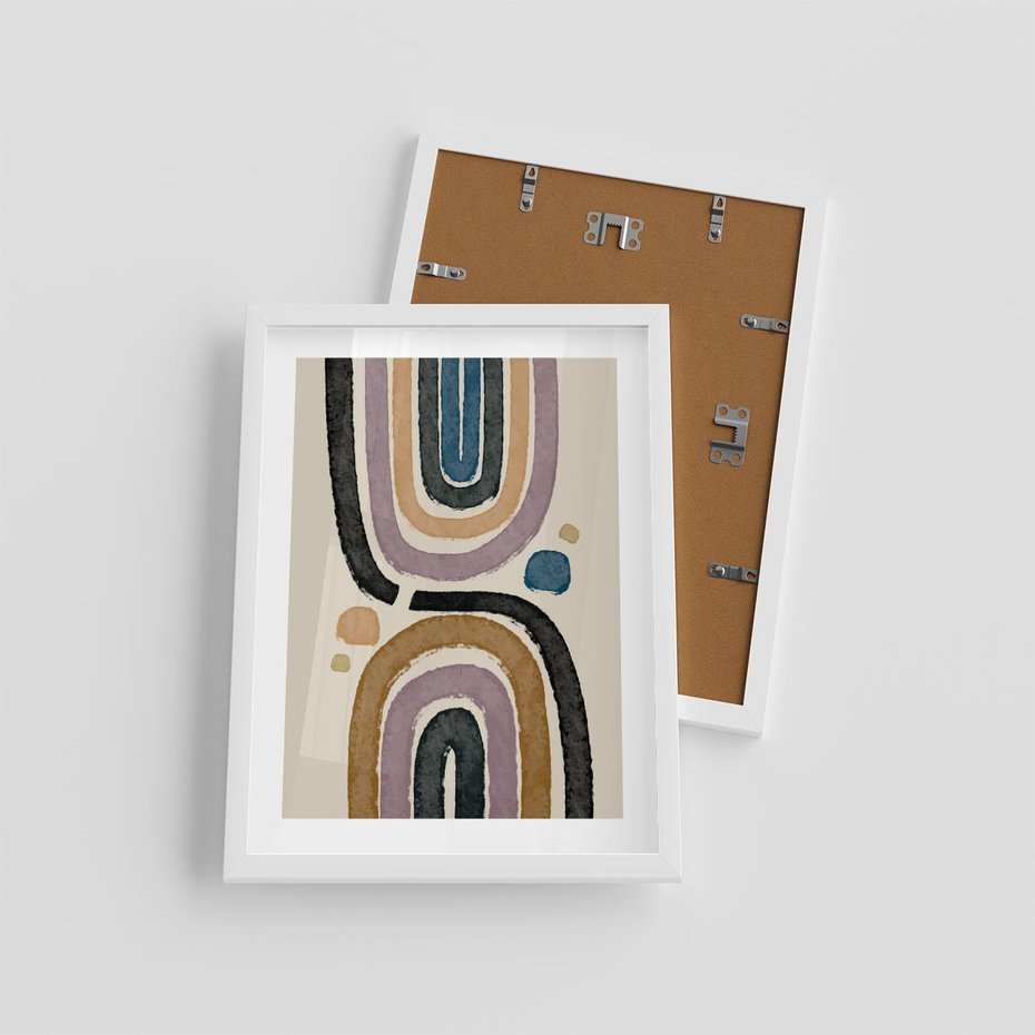 Plakat w ramie 30x40 - Taniec Przenikających Kształtów - abstrakcyjne tęcze, kompozycja - rama biała