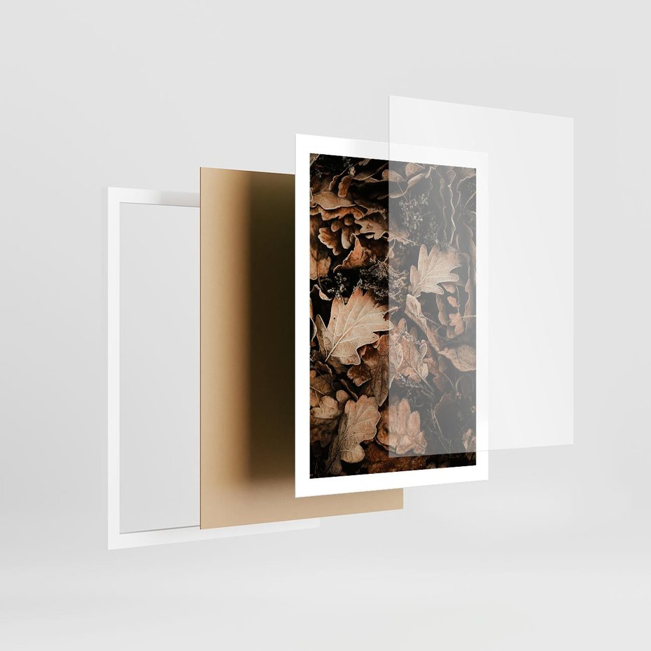 Plakat w ramie 50x70 - Jesienna Melodia: Liście i Szyszki - suche liście, szyszki - rama biała
