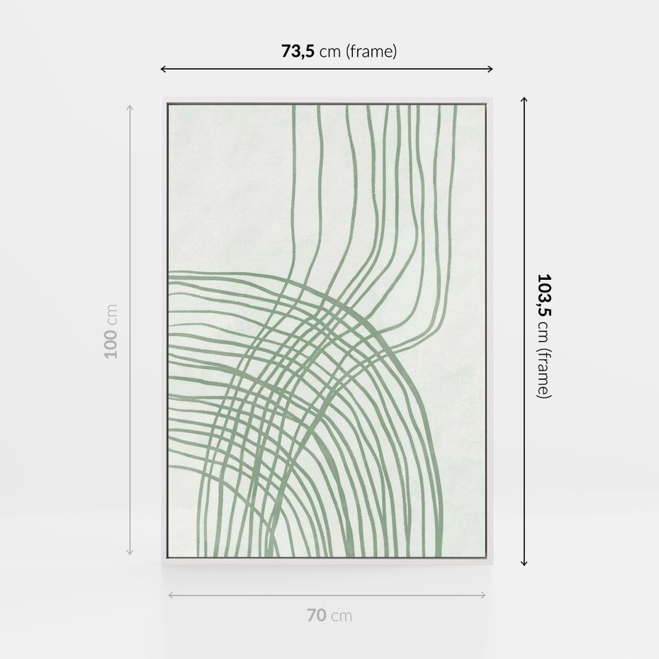 Obraz w ramie 70x100 - Migotliwa Spokojna Zieleń - zielony plakat, abstrakcyjne splątane linie - rama biała