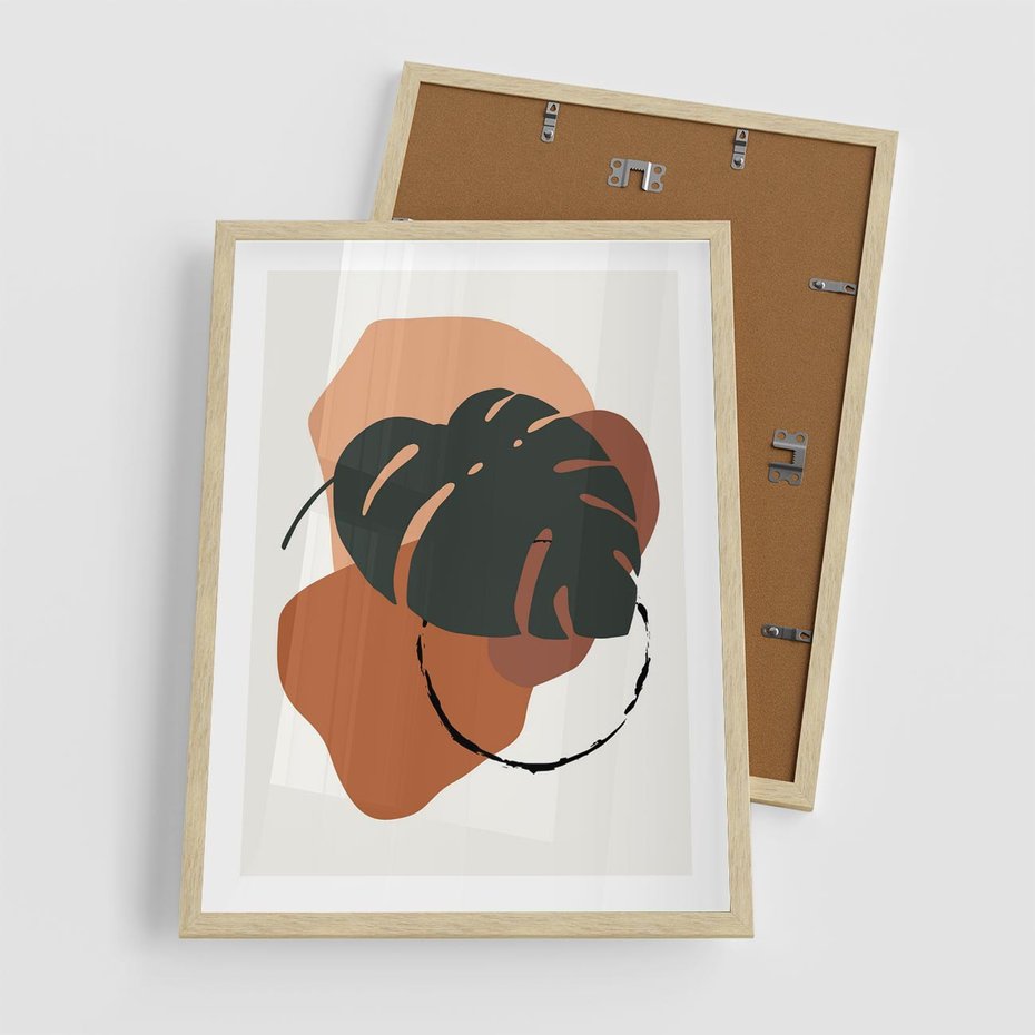 Plakat w ramie 50x70 - Brązowa Ekspresja - liść monstery, boho obraz - rama drewno