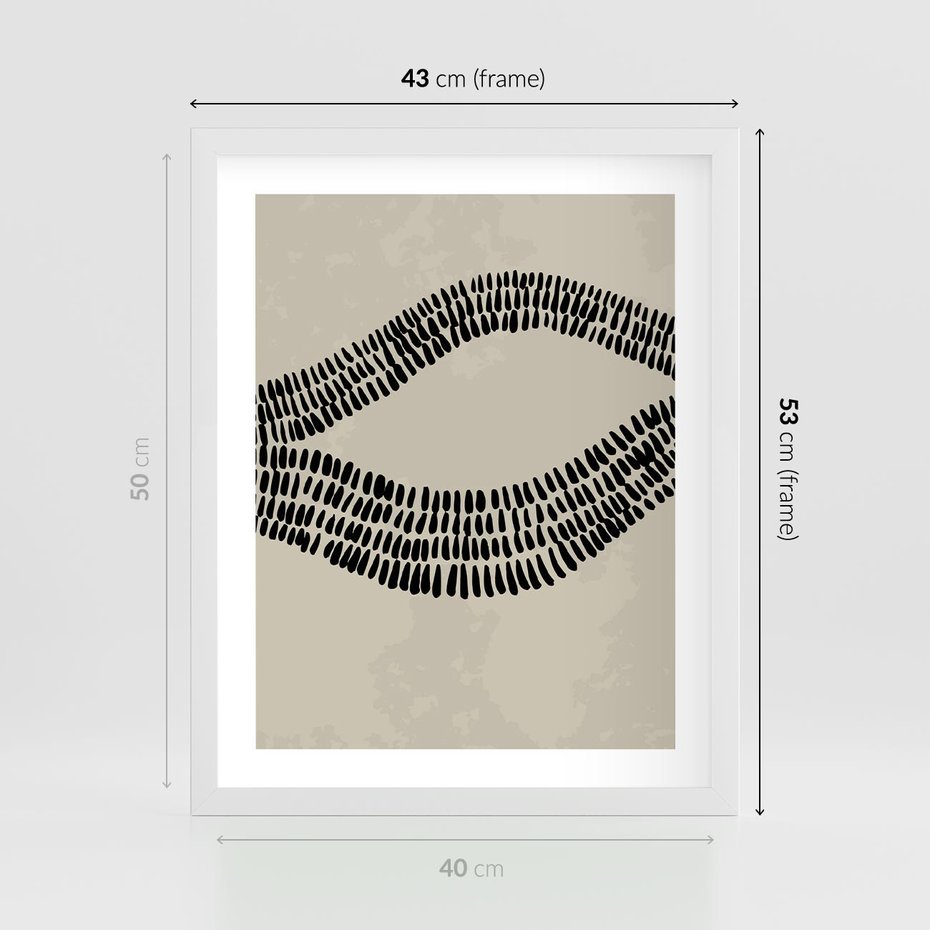 Plakat w ramie 40x50 - Kontury Ewolucji Materii - boho plakat, czarne kropki kreski - rama biała