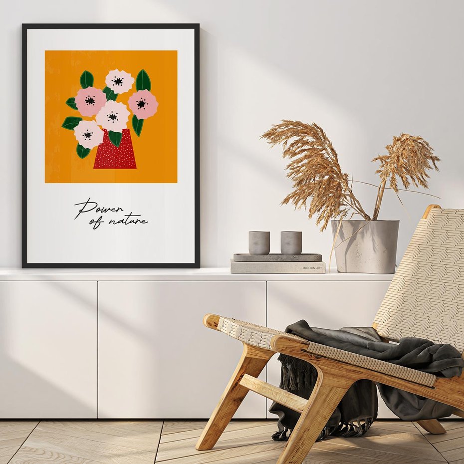 Plakat w ramie 30x40 - Abstrakcyjna Kreska - kwiaty w wazonie, abstrakcja - rama czarna