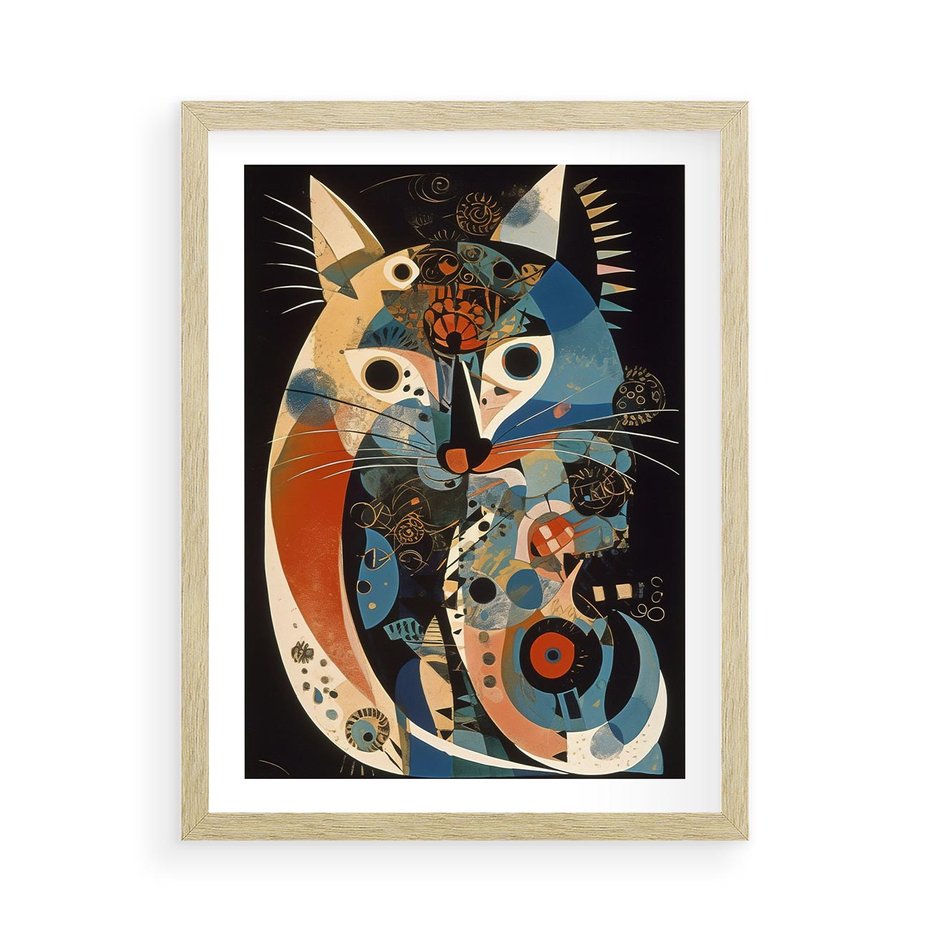 Plakat w ramie 50x70 - Księga Surrealnych Wymiarów - abstrakcyjny obraz olejny, kot - rama drewno