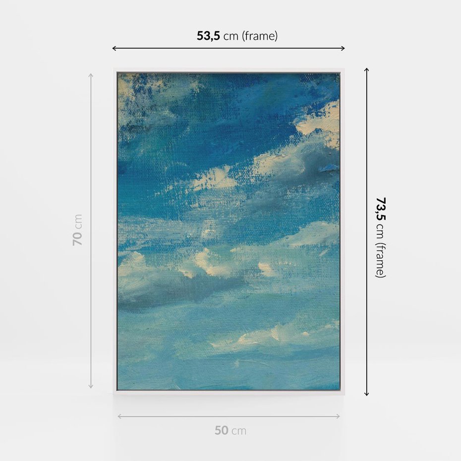 Obraz w ramie 50x70 - Oddechy niebiańskiej materii - olejny obraz, smugi farby przypominają obłoki na błękitnym niebie - rama biała