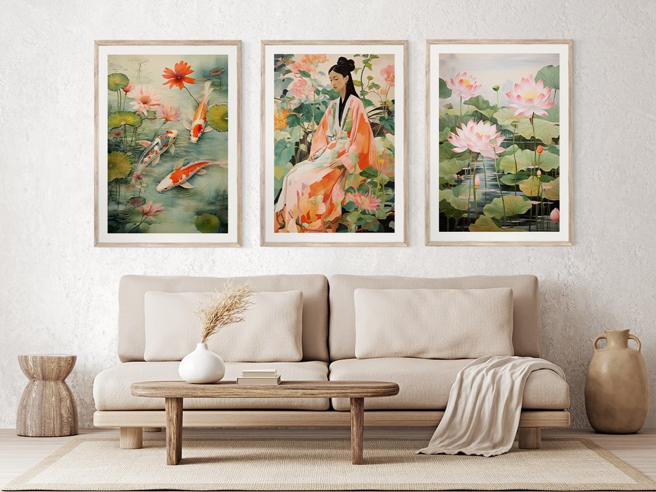 Zestaw obrazy w ramie 50x70 galeria - japonia, orient, kwiaty, japandi - rama drewno