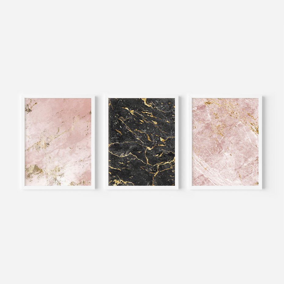 Zestaw obrazy w ramie 40x50 galeria - Marmur, złoto, róż, czerń - rama biała