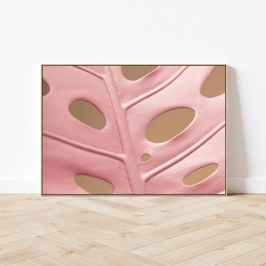 Obraz w ramie 70x50 - Różowa monstera w pełnym rozkwicie - różowa, monstera - rama drewno