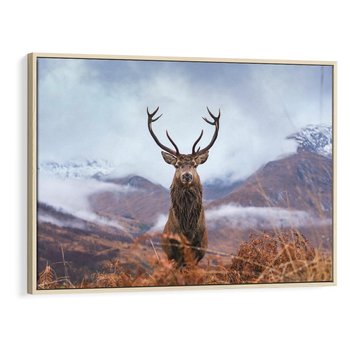 Obraz w ramie 120x80 - Jeleń w Uśpionym Krajobrazie - jeleń na tle gór, ośnieżone góry - rama drewno