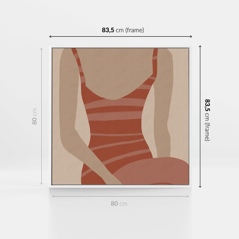 Obraz w ramie 80x80 - Kobiece Retro - minimalistyczny boho plakat, retro kobieta w stroju kąpielowym - rama biała