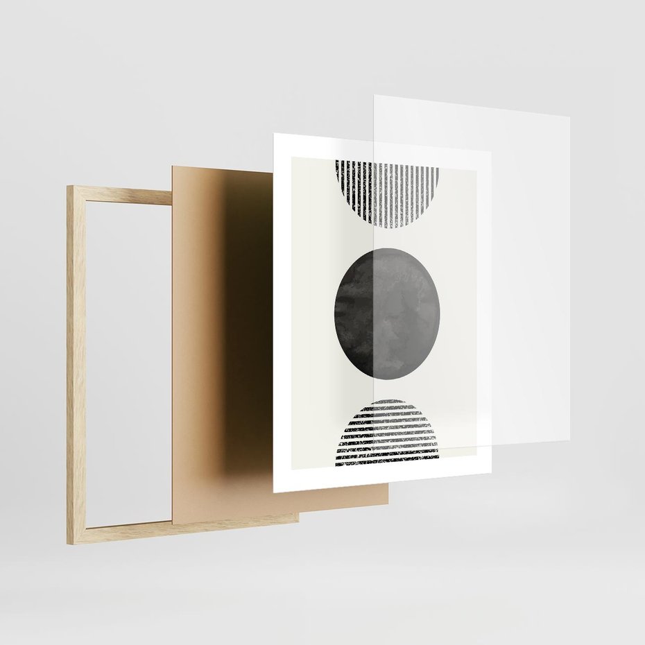 Plakat w ramie 40x50 - Tajemnicza Kompozycja - abstrakcyjne czarno białe formy, minimalizm - rama drewno