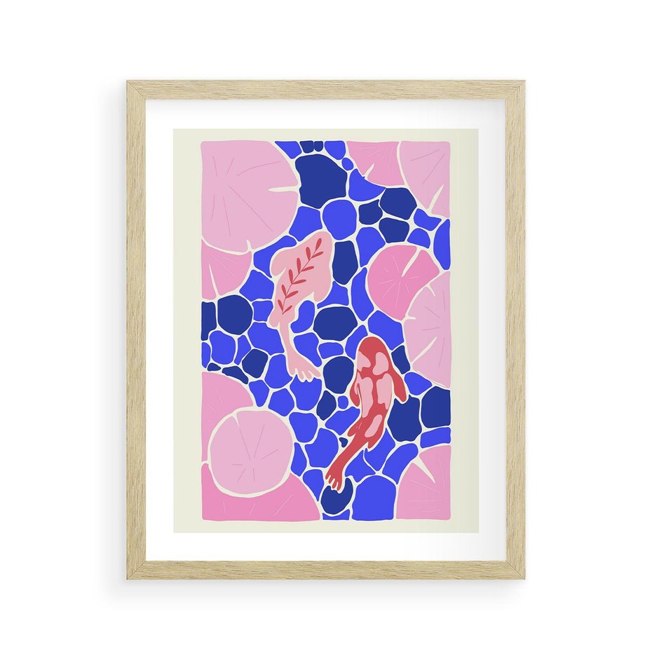 Plakat w ramie 40x50 - Rzeka Abstrakcji - abstrakcyjna kompozycja, różowe ryby wśród rafy - rama drewno