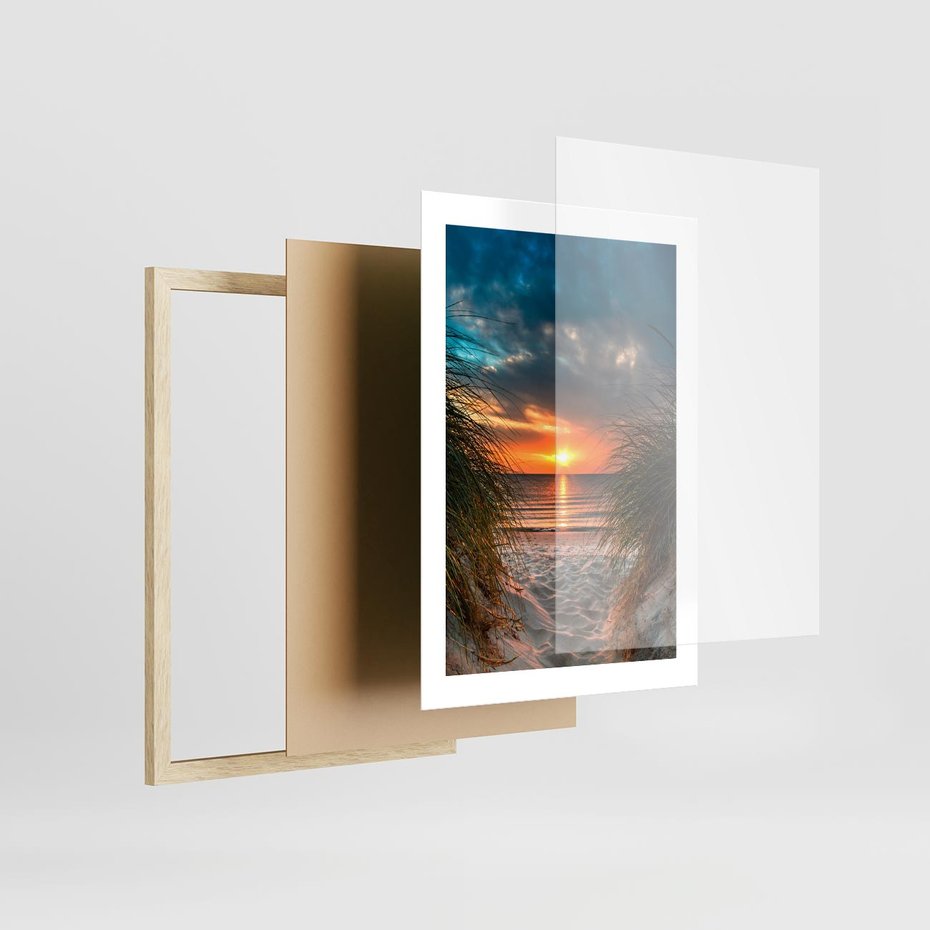 Plakat w ramie 30x40 - Magia zachodu słońca na plaży - zachód, słońca - rama drewno