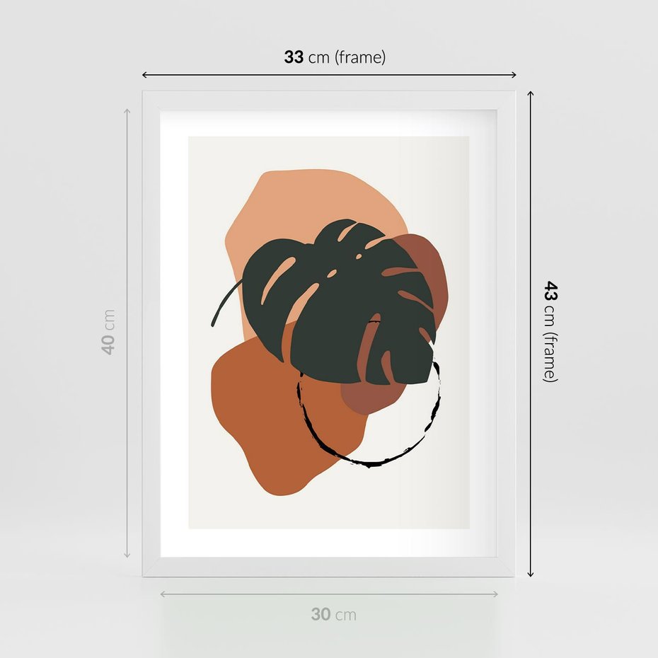 Plakat w ramie 30x40 - Brązowa Ekspresja - liść monstery, boho obraz - rama biała