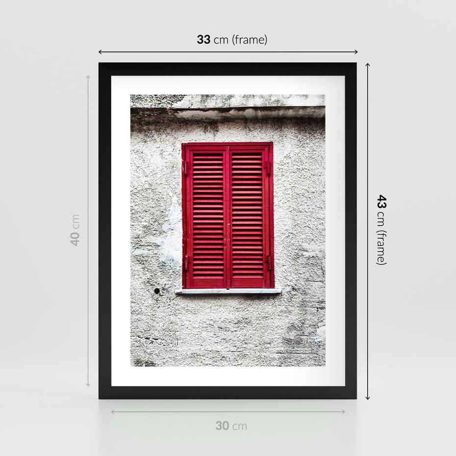 Plakat w ramie 30x40 - Okno z Czerwonymi Okiennicami - stare okno, kamienica - rama czarna