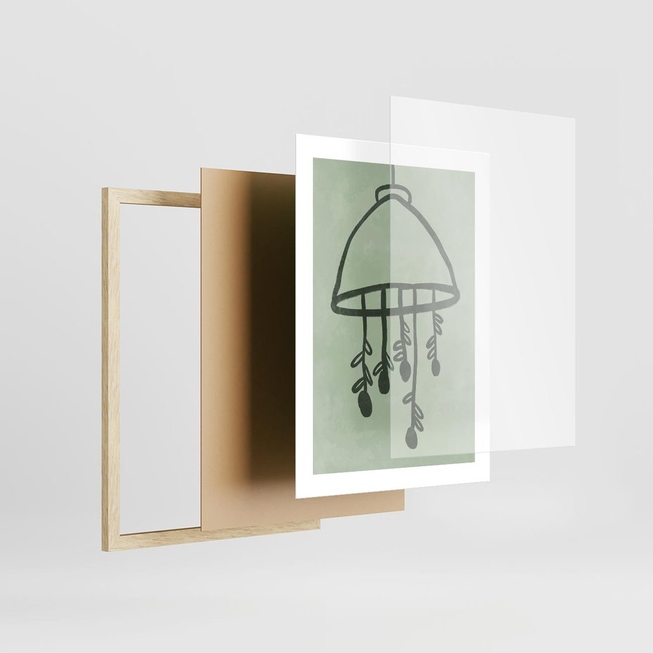 Plakat w ramie 30x40 - Zieleń Inspirującego Spokoju - plakat z abstrakcyjną zieloną lampą, skandynawski design - rama drewno