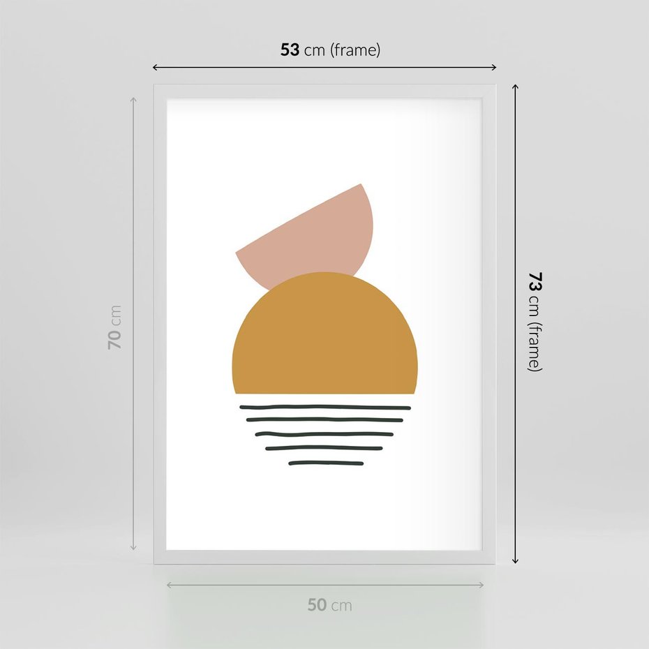 Plakat w ramie 50x70 - Kolory Przyszłości - kompozycja kół i kresek, ciepłe kolory - rama biała