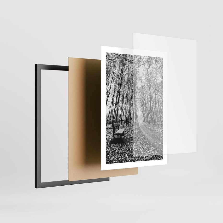 Plakat w ramie 50x70 - Spadające Liście - czarno białe zdjecie, park - rama czarna