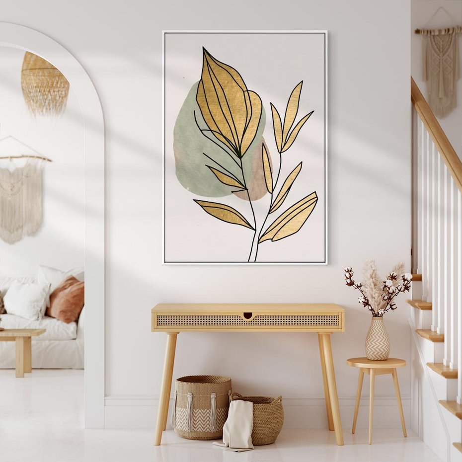 Obraz w ramie 80x120 - Rozkwitające Wnętrza Światła - abstrakcyjny obraz boho, liście - rama biała