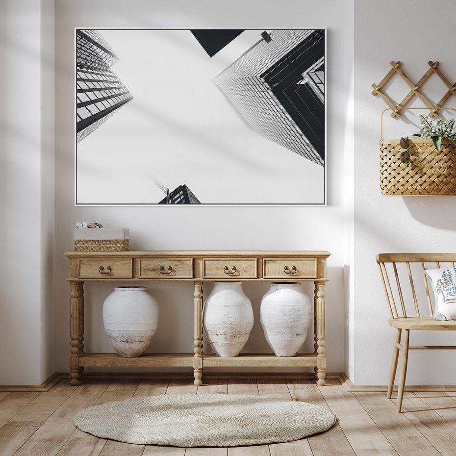 Obraz w ramie 120x80 - Nowoczesna Dynamika - perspektywa, wieżowce - rama biała