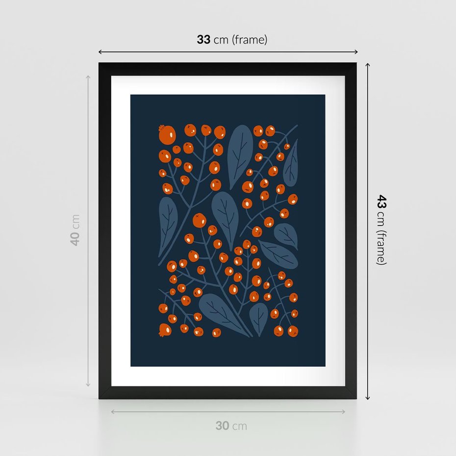 Plakat w ramie 30x40 - Symfonia liści i owoców - granatowe tło, pomarańczowe owoce jarzębiny - rama czarna
