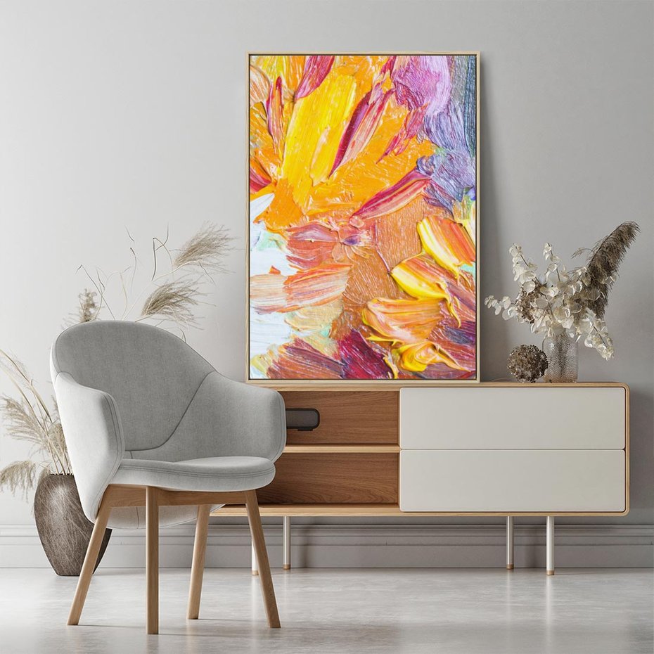 Obraz w ramie 80x120 - Kwiatowe Harmonie - zbliżenie na obraz olejny, gruba warstwa farby - rama drewno