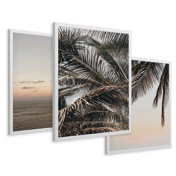 Zestaw obrazy w ramie 40x50 galeria - Palmy, plaża, zachód, słońca - rama biała
