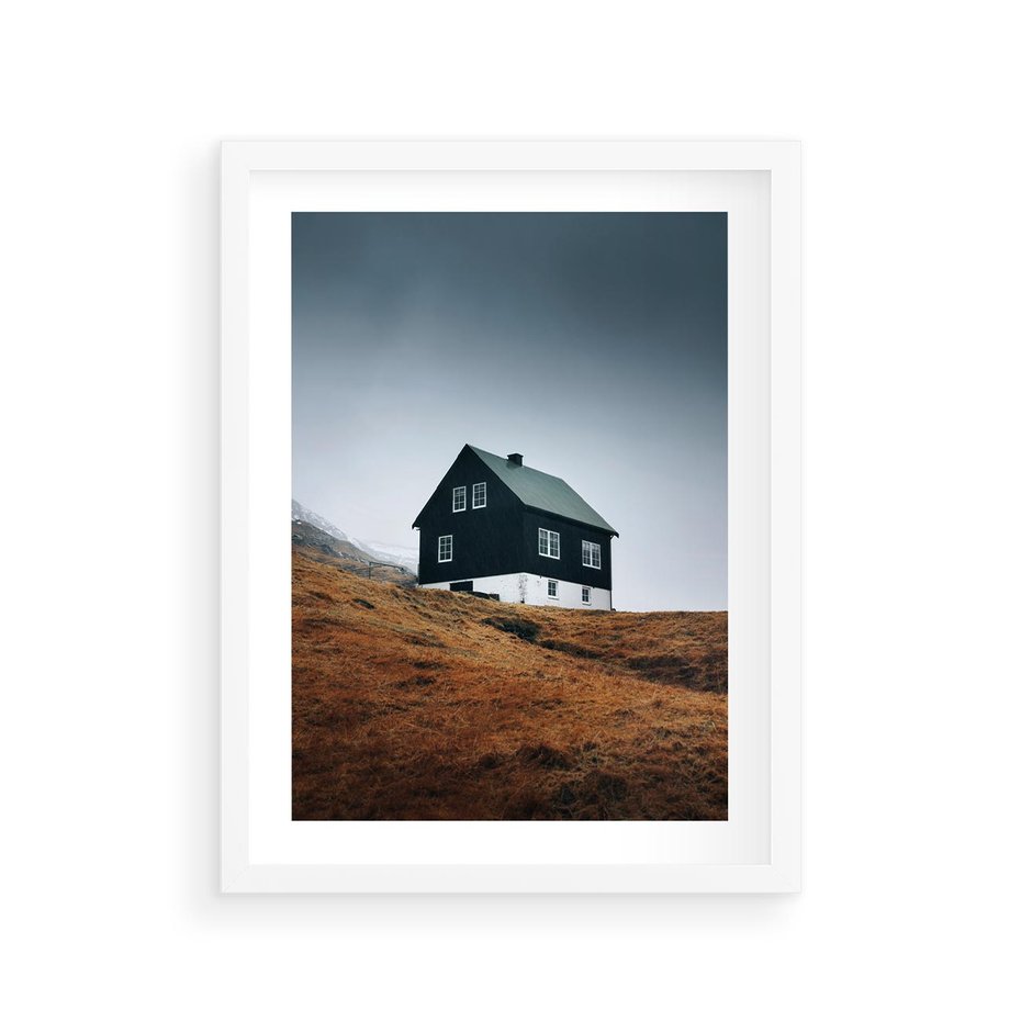Plakat w ramie 30x40 - Ciepło i Przytulność - skandynawski, domek - rama biała