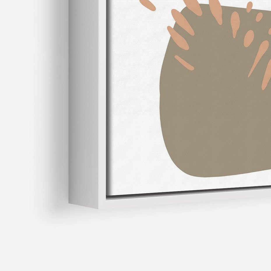 Obraz w ramie 70x100 - Taniec Plam - abstrakcyjna kompozycja z kropek kresek i kółek, odcienie brązu i beżu - rama biała