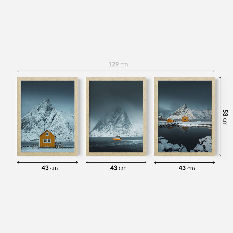 Zestaw obrazy w ramie 40x50 galeria - Skandynawia, Norwegia, góry, domek - rama drewno