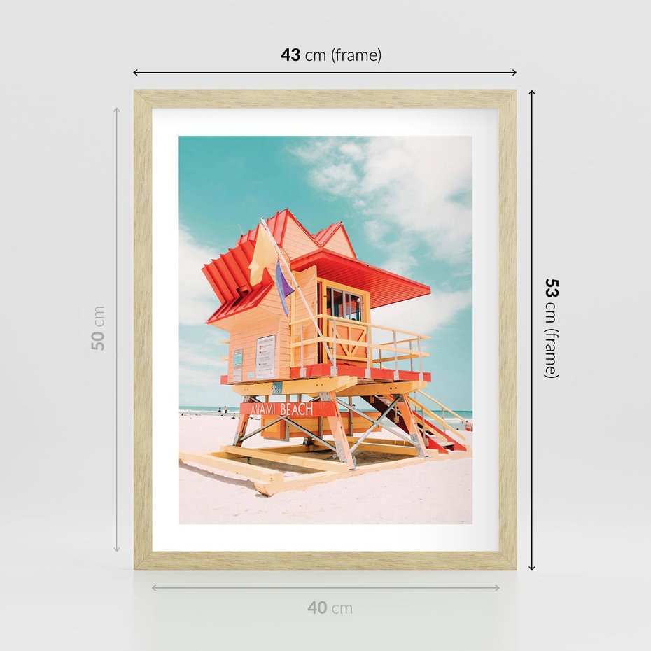 Plakat w ramie 40x50 - Rajski Widok - plaża miami, domek ratownika - rama drewno
